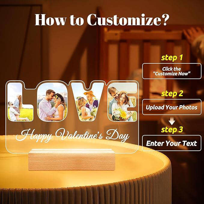 Custom Picture Frames with Photo, Personalized LOVE Photo Frame with Night Light - Image 3