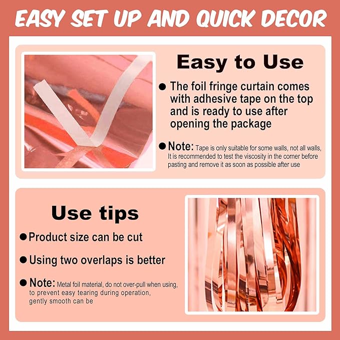 6 Pack Rose Gold Foil Fringe Curtains Backdrop, 3.28 x 8.2 Ft Metallic - Image 3