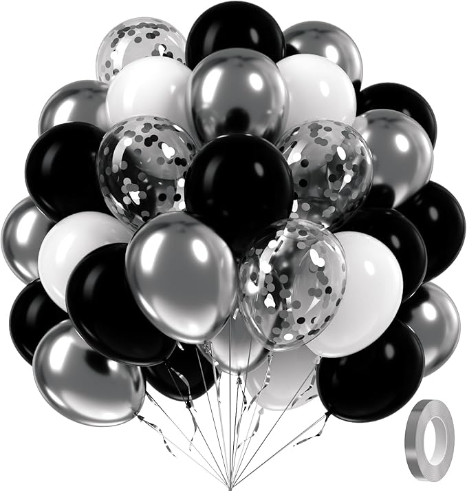 60pcs Black and Silver Balloons 12inch by Awenztech