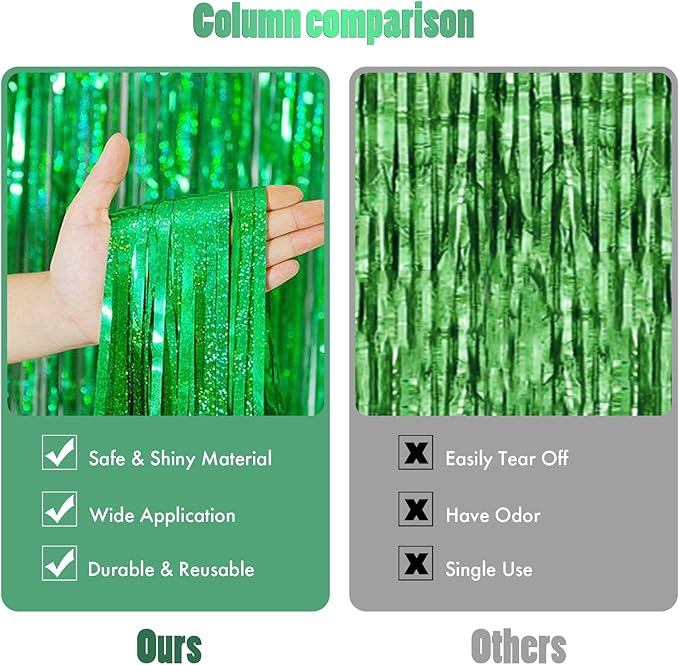 CANREVEL 2 Pack 3.3x8.2 Feet Laser Green Foil Fringe Backdrop Curtains - Image 2