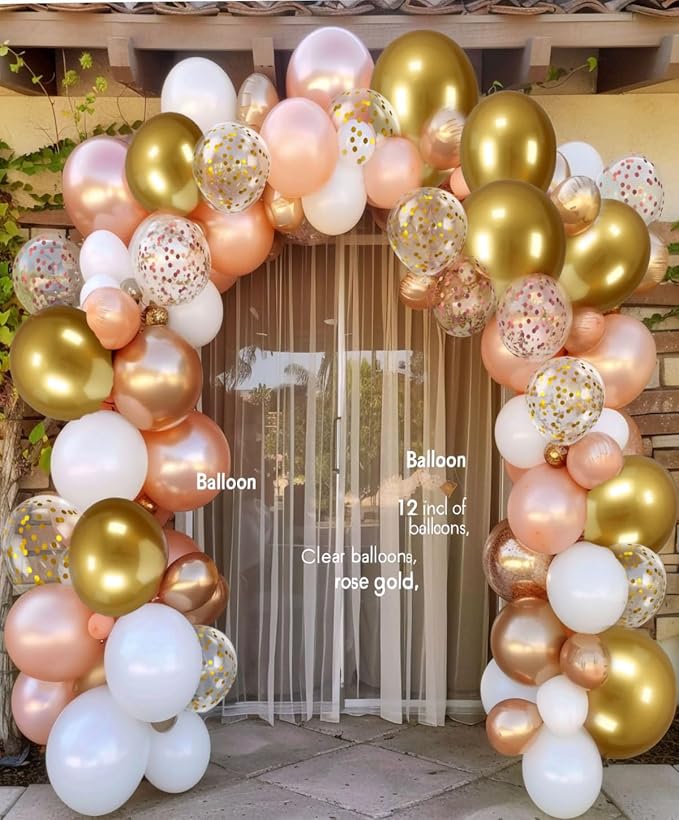 300 Pcs Rose Gold Confetti Balloons Set Lncludes 12 inch Gold White Rose Gold - Image 4