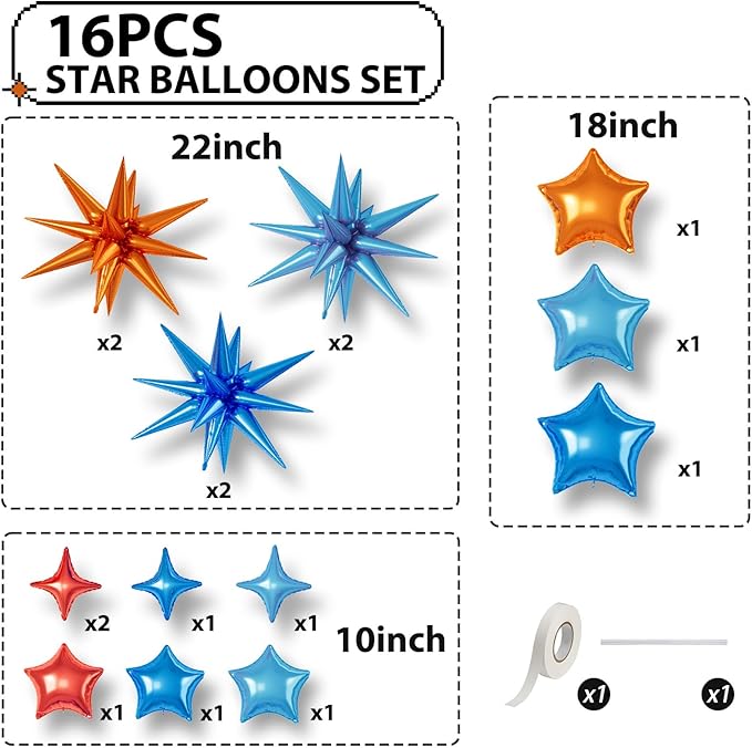 16 Pcs Orange and Blue Star Balloons, 22/18/10 Inch Foil Balloons, Four-Pointed - Image 2