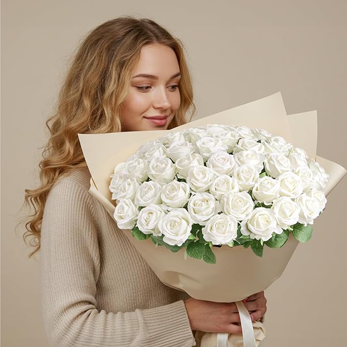 Auihiay 54PCS White Roses Artificial Flower, Fake Silk Roses, Artificial Roses - Image 6