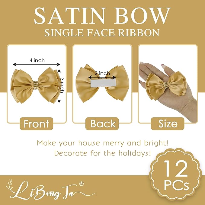 Gold Bows 4'' Premade Satin Ribbon Bow, Gift Bows - Image 2