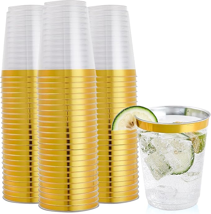 FOCUSLINE 10 oz Gold Plastic Cups, Disposable Clear Fancy Hard Plastic Cups by FOCUSLINE