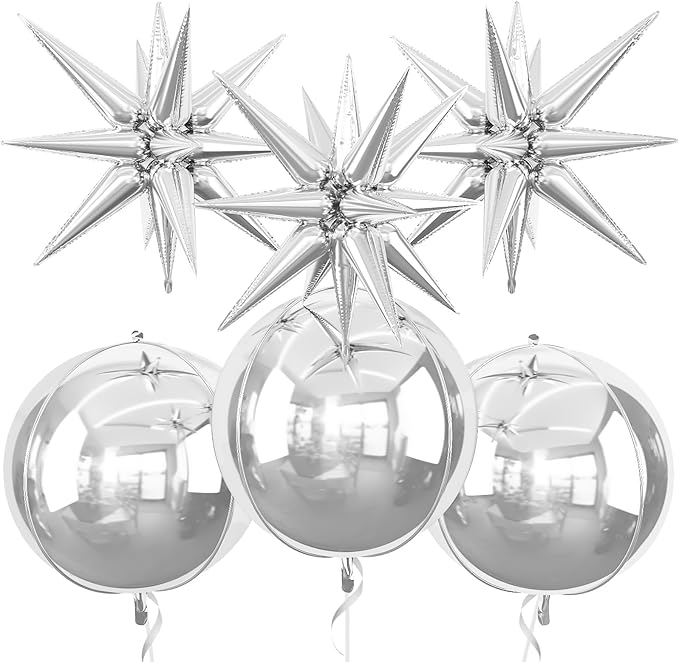 6Pcs Silver Foil Balloons, 22Inch Silver 4D Round Ball Balloon and Explosion by Adorely