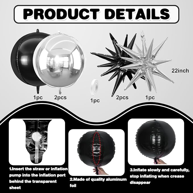 6Pcs Black Silver Foil Balloons, 22Inch Black Silver 4D Round Ball Balloon and - Image 2