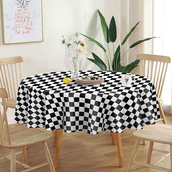 QIKSION Black and White Gingham Round Tablecloth 2 Pack, 84 Inch Plastic - Image 2