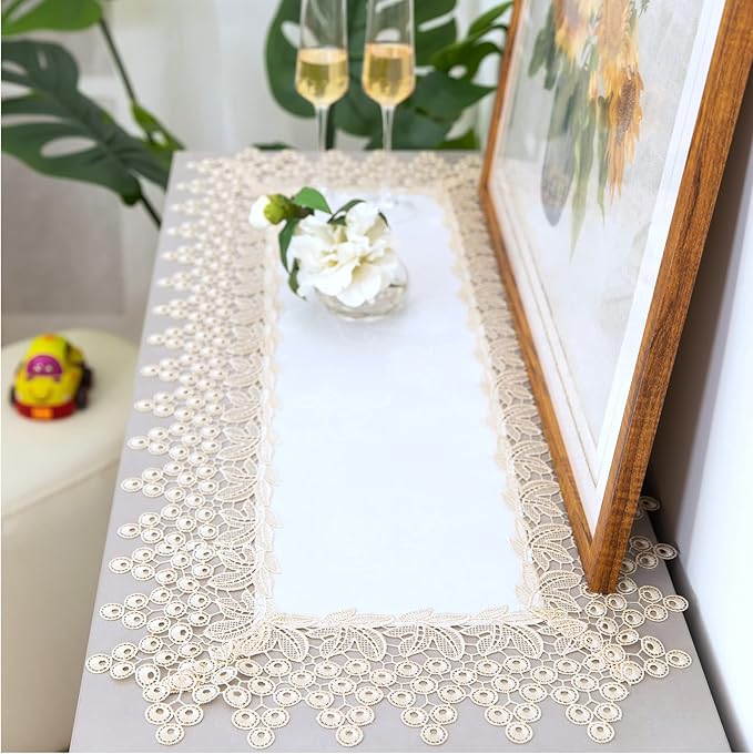 Beige lace Premium Rectangle Farmhouse Tablerunner Waterproof OilProof - Image 2