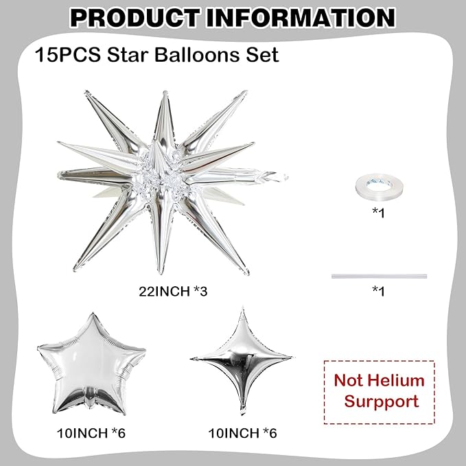Silver Star Balloons, 22in Large Star Balloons Foil 10in 4-Pointed & Silver - Image 2