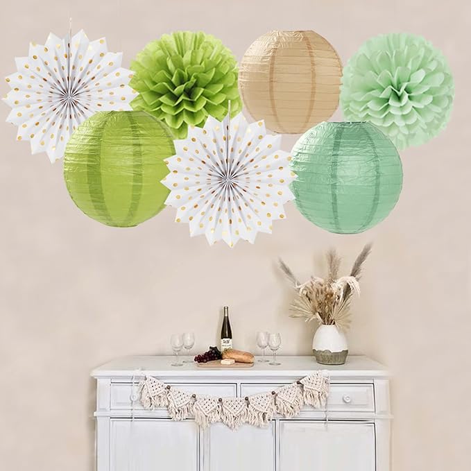 Olive-Sage Green-Boho Party-Decorations Streamers-Lanterns - Image 3