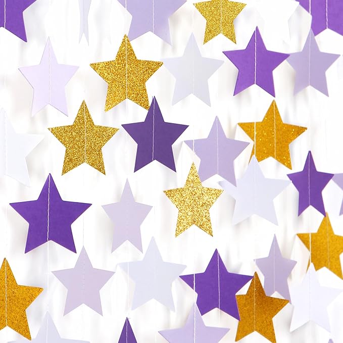 Purple-Lavender White-Gold Party-Decorations Star Garland - 62ft Streamers by Hugtmr
