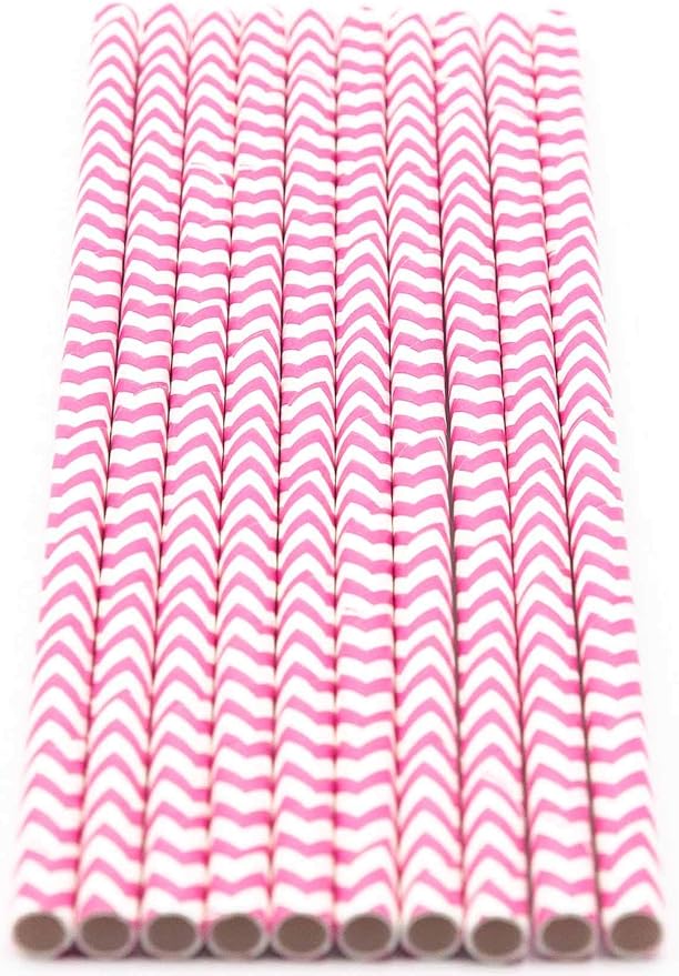 Pack of 300 Baby Pink Chevron Biodegradable 4-Ply Paper Drinking Straws - Image 2