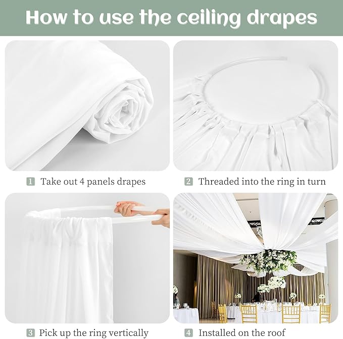 4 Panels White Wedding Ceiling Drapes 5ftx40ft Ceiling Drapes Chiffon Fabric - Image 5