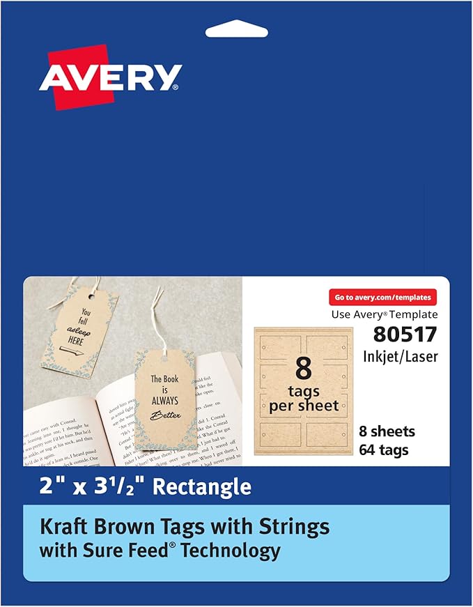 Avery Kraft Brown Rectangle Tags, Sure Feed Technology, Laser/Inkjet Printable by Avery
