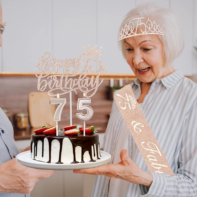 75th Birthday Decorations for Women Including Sash, Crown/Tiara, Candles and - Image 6