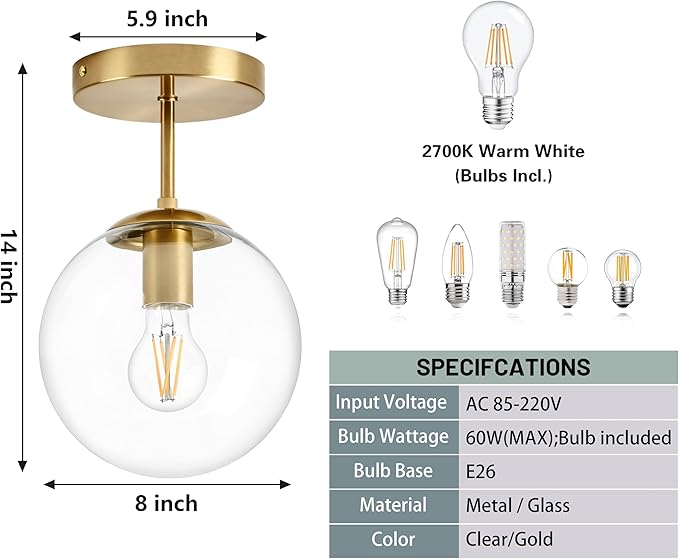Globe Semi Flush Mount Ceiling Light, Contemporary Mid Century Modern Style - Image 3