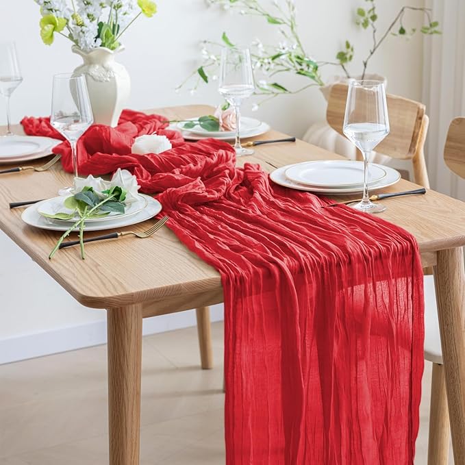 Asee'm 2PCS Fall Table Runner Cheesecloth 10FT Red Boho Gauze Fabric Rustic - Image 6
