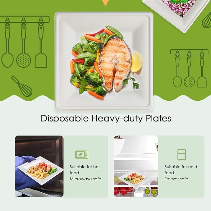 ECOLipak 150 Pieces Compostable Square Paper Plates, 10 inch Heavy Duty - Image 4