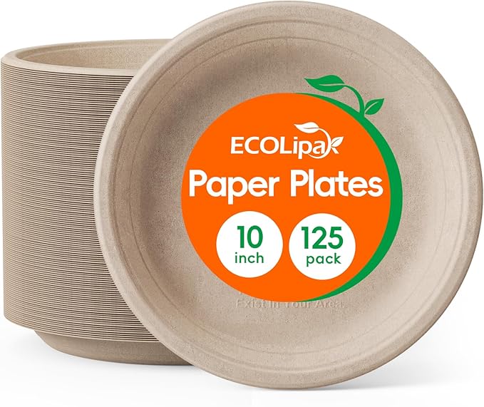 ECOLipak 125 Pack Paper Plates 10 inch 100% Compostable, Heavy-Duty Dinner by ECOLipak