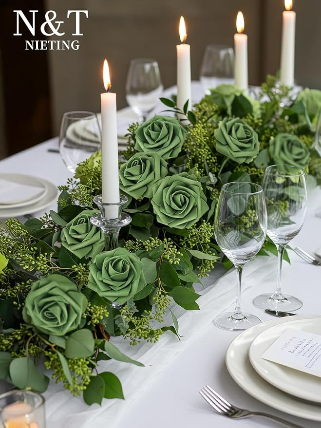 N&T NIETING Artificial Flowers Roses Army Green Foam Rose 50pcs Fake Flowers - Image 5