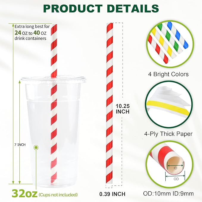 10.25 Inch Extra Long Fat Sturdy Paper Drinking Straws - Image 2