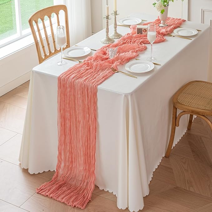 Sioloc 1 Pack Peach Coral Cheesecloth Table Runner Fall Autumn Decor - Image 4