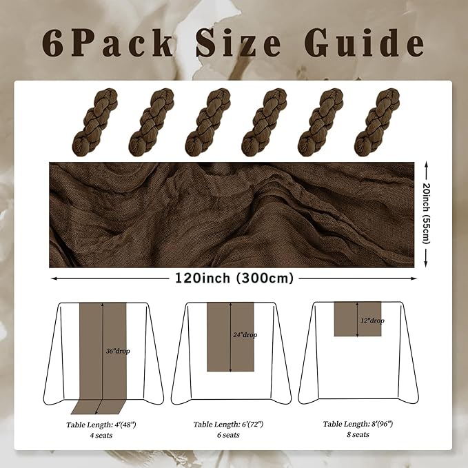 10FT 6 Pack Brown Cheesecloth Table Runner 20 x 120 Inch Long Boho Fabric - Image 2