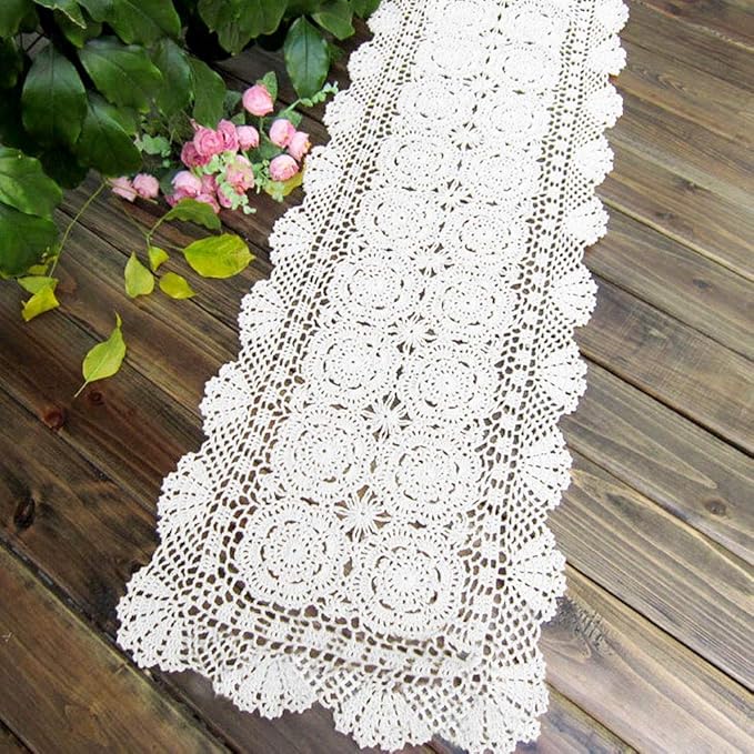KEPSWET Cotton Handmade Crochet Lace Table Runner White Rectangle Coffee Table - Image 2