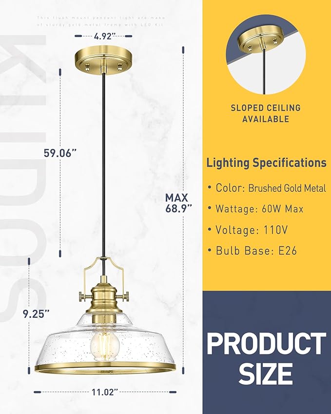 kudos Gold Pendant Lights Kitchen Island, Farmhouse Gold Seeded Glass Pendant - Image 4