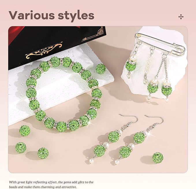 105pcs 10mm Rhinestone Beads for Jewelry Making, Light Green Shiny Round Disco - Image 2