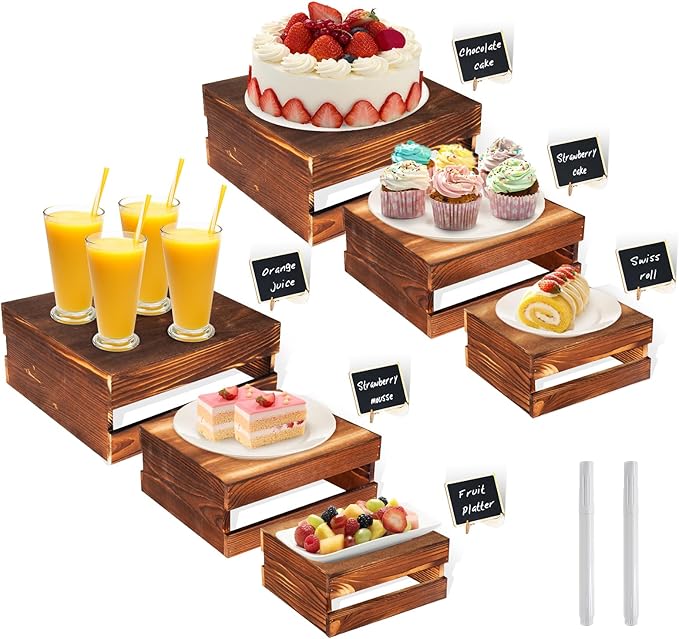 6 Pcs Buffet Risers with Mini Signs, Rustic Wood Cake Stands, Food Risers by Cecnamt
