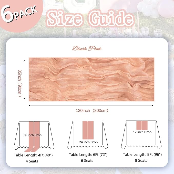 6 Pack Blush Pink Cheesecloth Table Runner 10ft Boho Gauze Fabric Cheese Cloth - Image 2