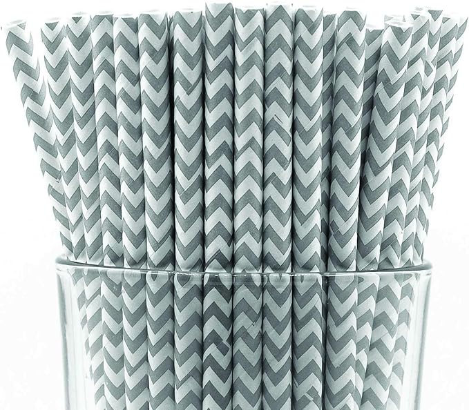 Pack of 150 Gray Chevron Biodegradable 4-Ply Paper Drinking Straws by Stephanie+Imports