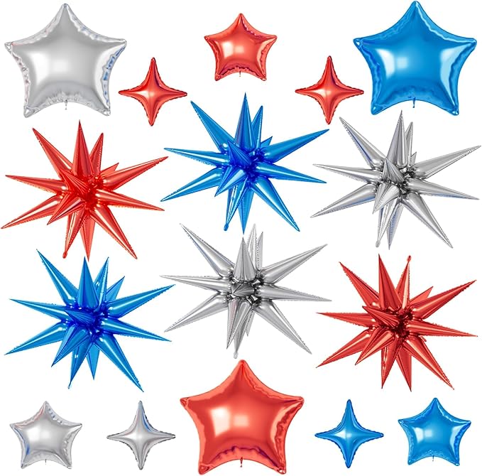 16 Pcs Red Blue Silver Star Balloons, 22/18/10 Inch Foil Balloons, Four-Pointed by Sowide