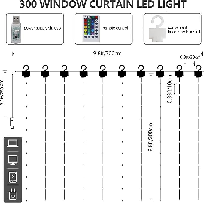 HOME LIGHTING Window Curtain String Lights, 300 LED RGB 16 Colors Changing - Image 6