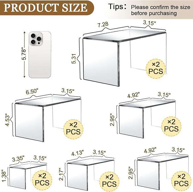 12 Pcs Acrylic Display Risers, 2 Sets Small Size Clear Acrylic Risers, 0.15" - Image 2