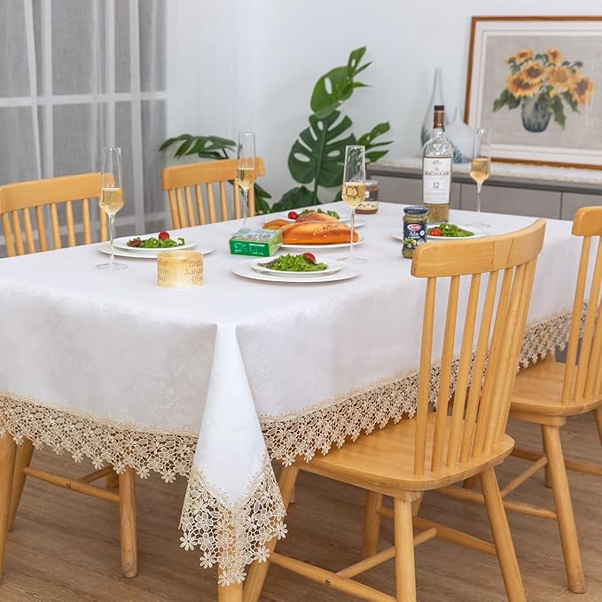 Beige lace Premium Rectangle Farmhouse Tablecloth Waterproof OilProof by BrekSdat