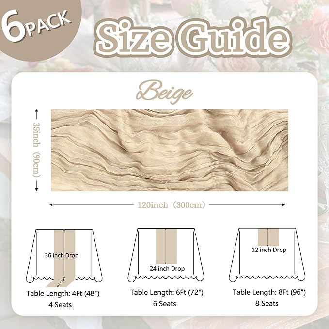 6 Pack Beige Cheesecloth Fall Table Runner 10ft Boho Gauze Fabric Cheese Cloth - Image 2