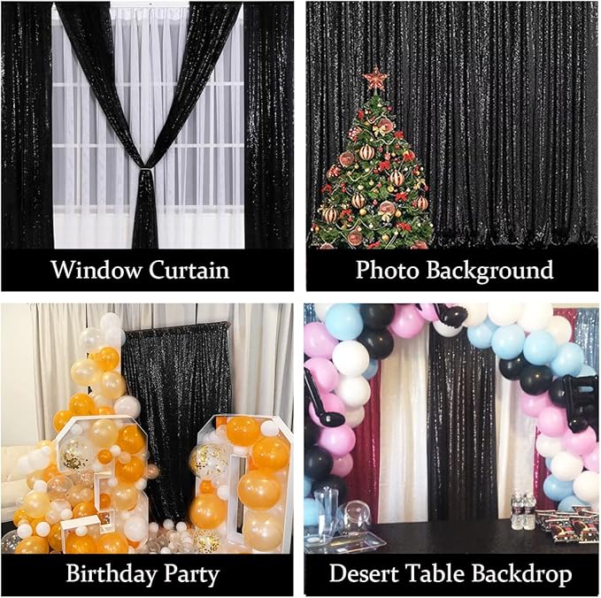 Black Sequin Backdrop Curtains 8FTx8FT 1 Panel Sparkly Background Drapes - Image 4