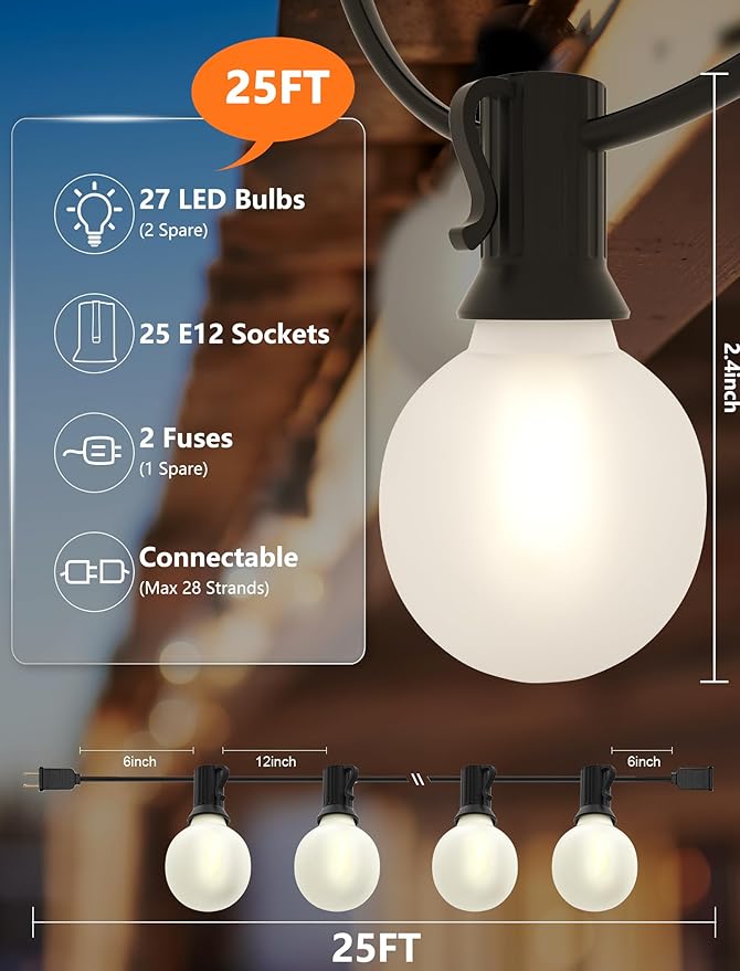 G40 Outdoor Globe Lights, 25FT Globe Christmas Lights - Image 2