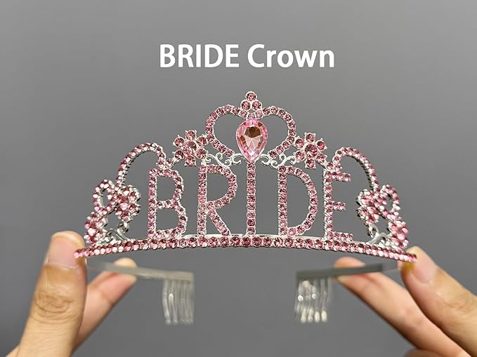 JETKONG 3 Pcs Bachelorette Party Decorations BRIDE Crown, Bride to Be Sash&Veil - Image 5