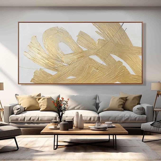 XIANSHOU Gold and White Canvas Wall Art Abstract Wall Artwork Neutral Wall - Image 7
