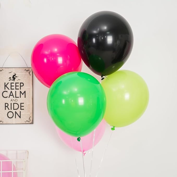 Black and Pink Green Balloons, 12 Inch Hot Pink Dark Light Green Black Latex - Image 4