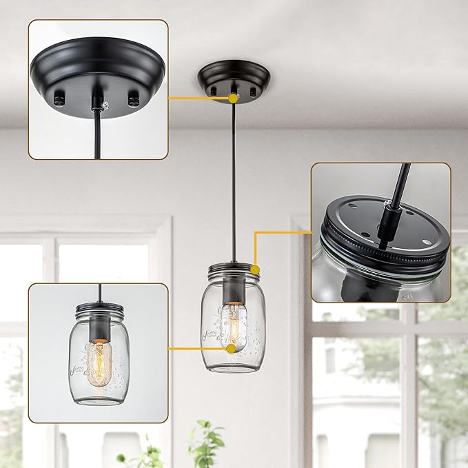 Kitchen Island Light, 1 Lights Adjustable Pendant Lighting, Glass Mason Jar - Image 4