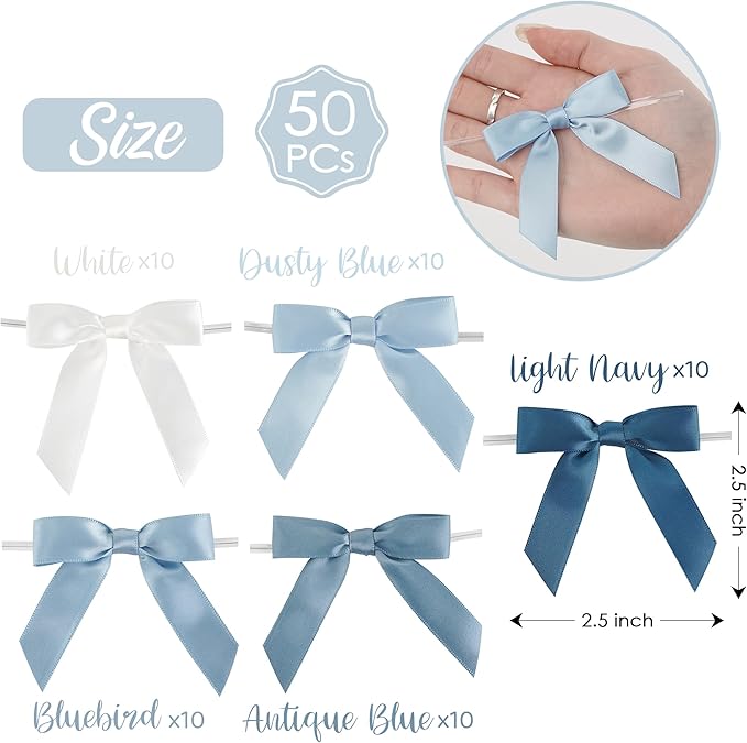 AIMUDI 5 Colors Dusty Blue Ribbon Bows 2.5" Satin Twist Tie Bows - Image 2