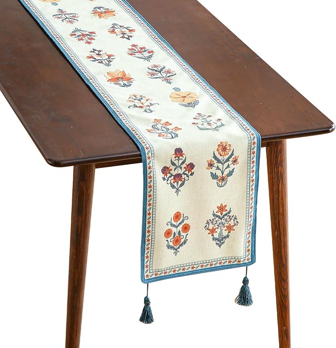 ISAENNE Designer Light Green Linen Table Runner 102 Inches Long, French Floral by Isaennehomedecoration
