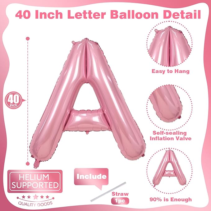 40" Balloon Letter A Pastel Pink, Large Foil Pink Letter Balloons Set A - Image 2