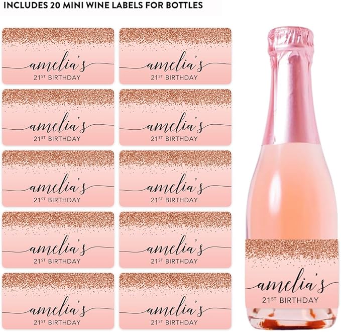 Andaz Press Personalized Mini Champagne Wine Bottle Labels, Birthday Blush Pink - Image 4