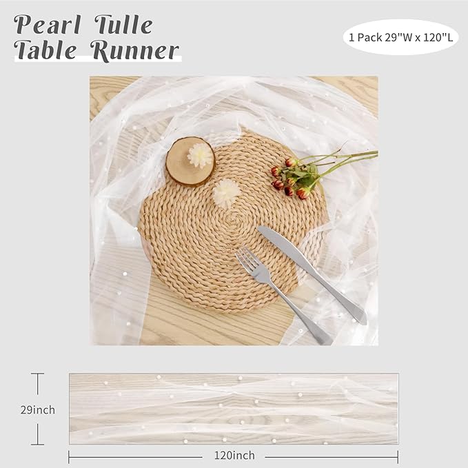 Pearl Table Runner 29 x 120 Inch Tulle Fabric Lace Table Runners Boho Rustic - Image 2